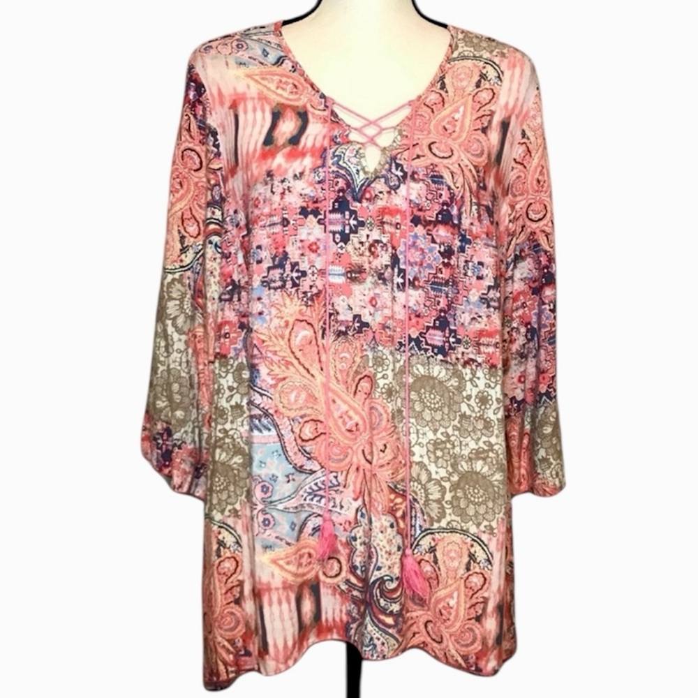 Cato Woman Boho tassel tie multicolored paisley print rayon blouse size 22/24W